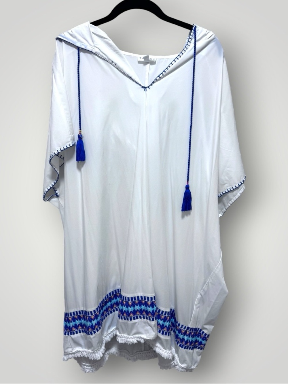 Cabana Life XL White Boho Hooded Tunic with Blue Embroidery spf 50+ woven in